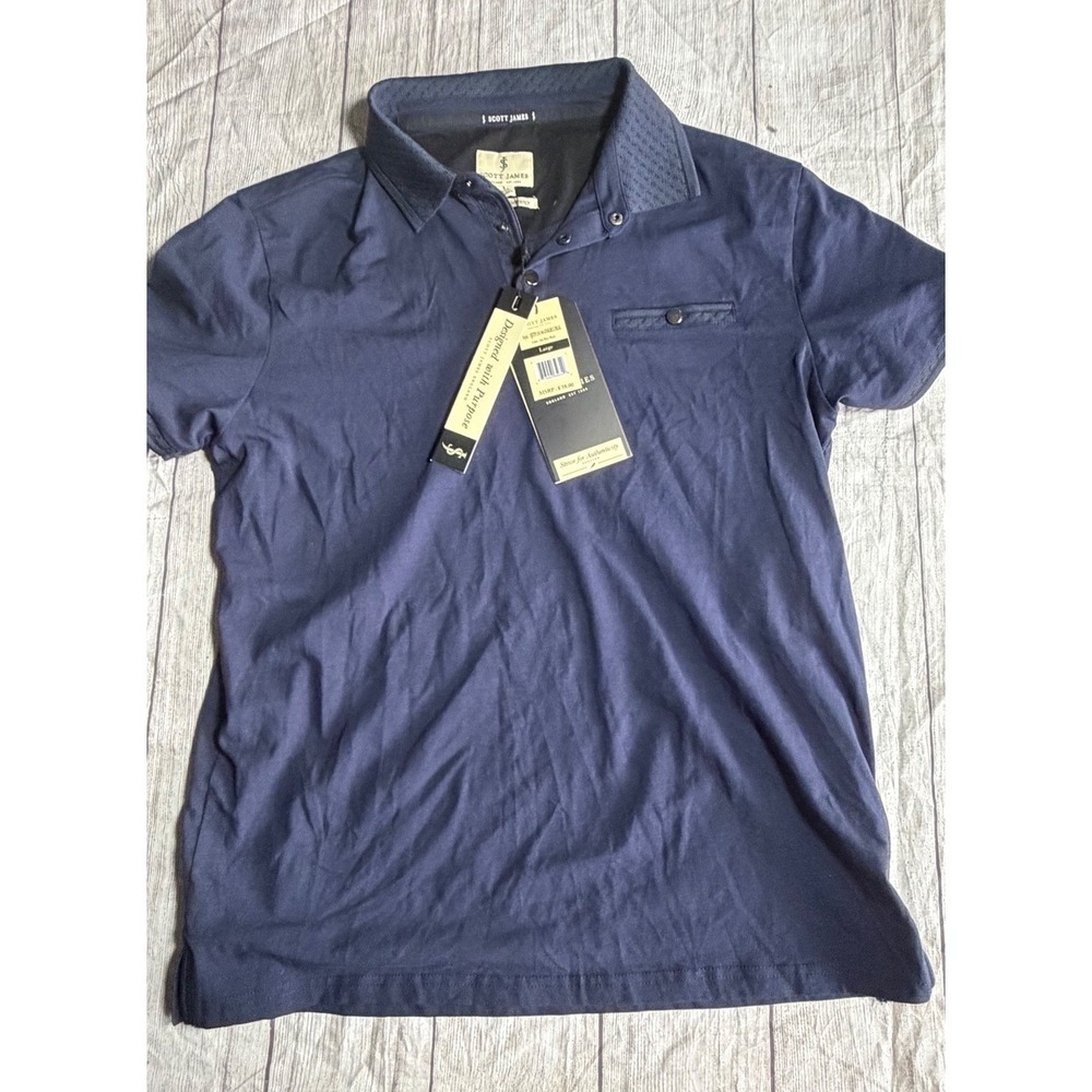 Scott James Mens Navy Blue Short Sleeve Polo Shirt Textured Collar Large NWT